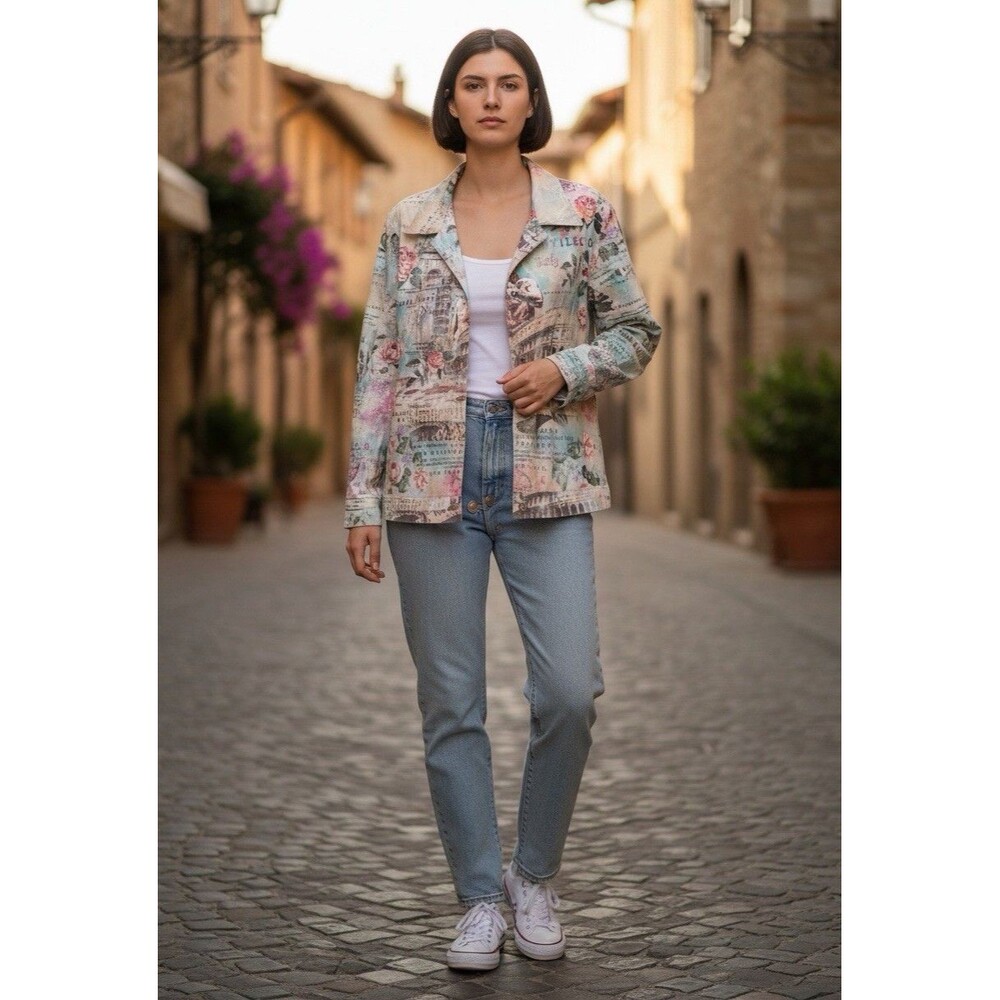 Cactus Italy Scenic Print Jacket Large Floral Travel Collage Button Front